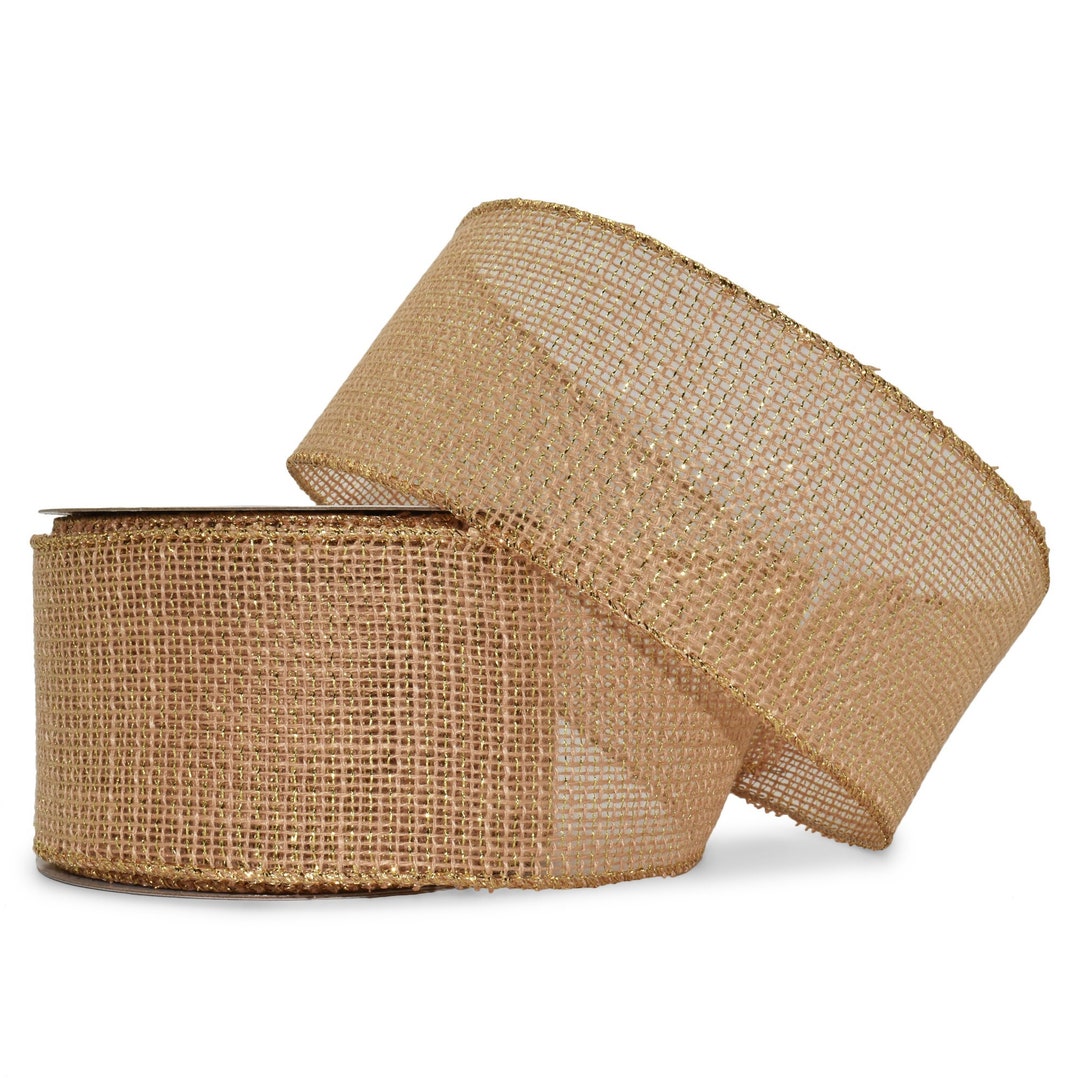 Threaded Ribbon 25 Foot Spool Jute Gold Threaded Brown Wired Ribbon - 2.5 Inches Wide ...