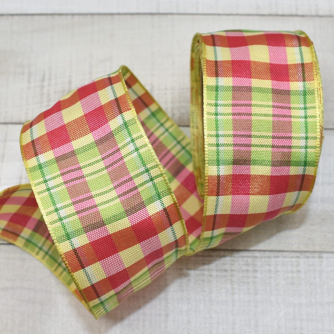 5yds Pink Green Yellow Plaid Fruit Punch Wired Ribbon, 1.5