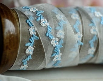 6ft Boho White Blue Flowers Ribbon, 7/8"W, Embroidered Trim Organza Sheer, hat trim, dress trim, Spring,