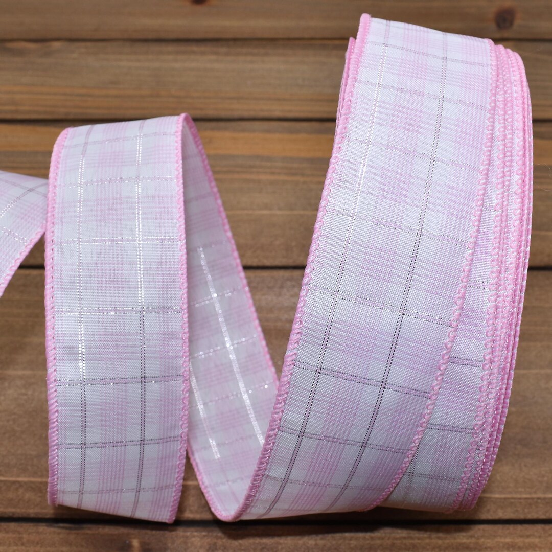 Pink Plaid Pattern Ribbon 10yds Pastel Pink White Silver Plaid Wired Ribbon 1.5