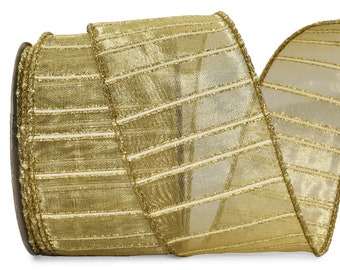 May include: A spool of gold ribbon with a metallic sheen. The ribbon has a horizontal striped pattern with a subtle glitter effect. The ribbon is likely used for gift wrapping, crafts, or decorations.