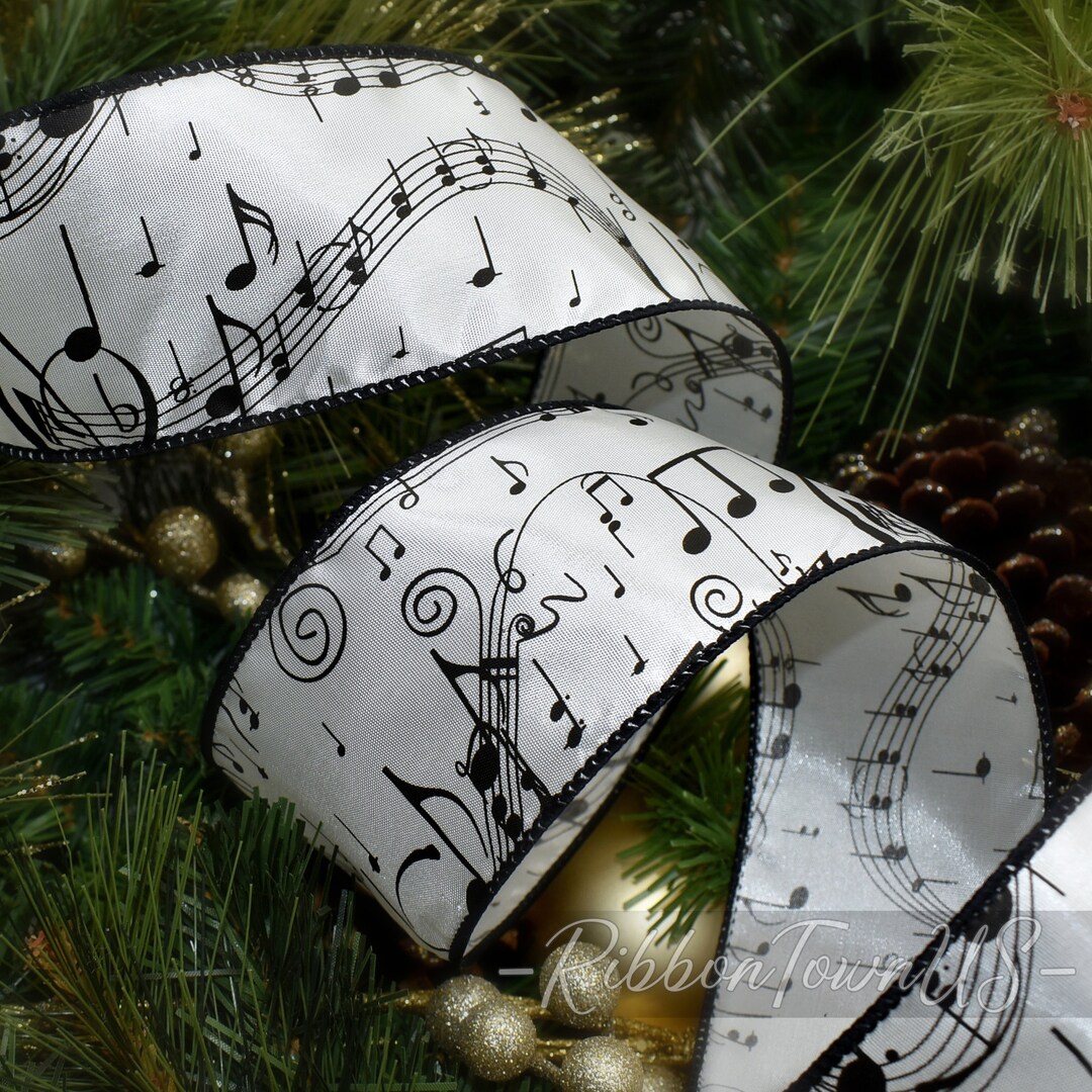 Music Note Ribbon Pattern 10yds Music Notes Black White Christmas Musical Wired Ribbon - 2.5
