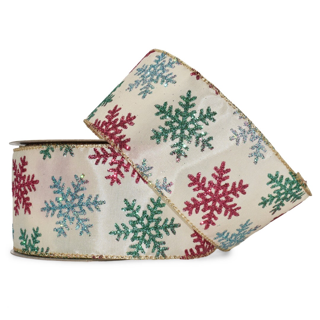 25 Foot Spool Winter Pink, Teal and Blue Glitter Snowflakes Ivory Cream ...