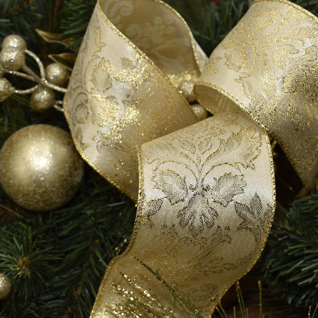 Gold Damask Wired Ribbon - 2.5