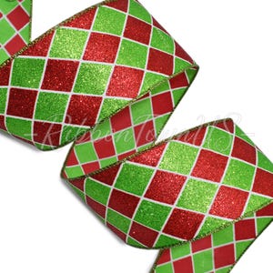 Christmas Red, Grinch Green,  White Glitter Harlequin Diamond Jester Ribbon 2.5&quot;W x 10Yds, FREE Shipping!