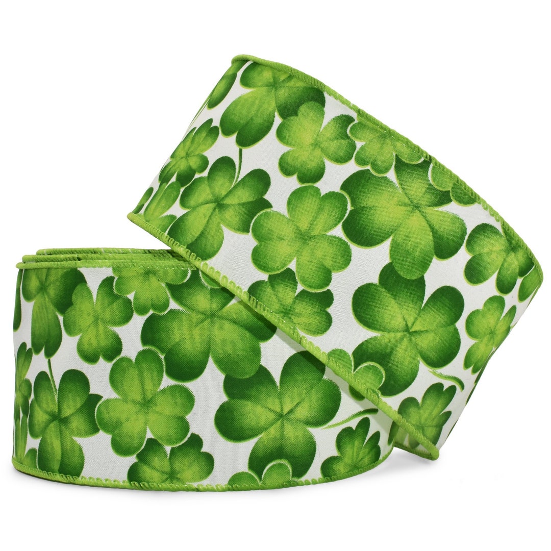 25 Feet St. Patrick's Day Green Shamrocks White Wired Ribbon 2.5 Inches ...