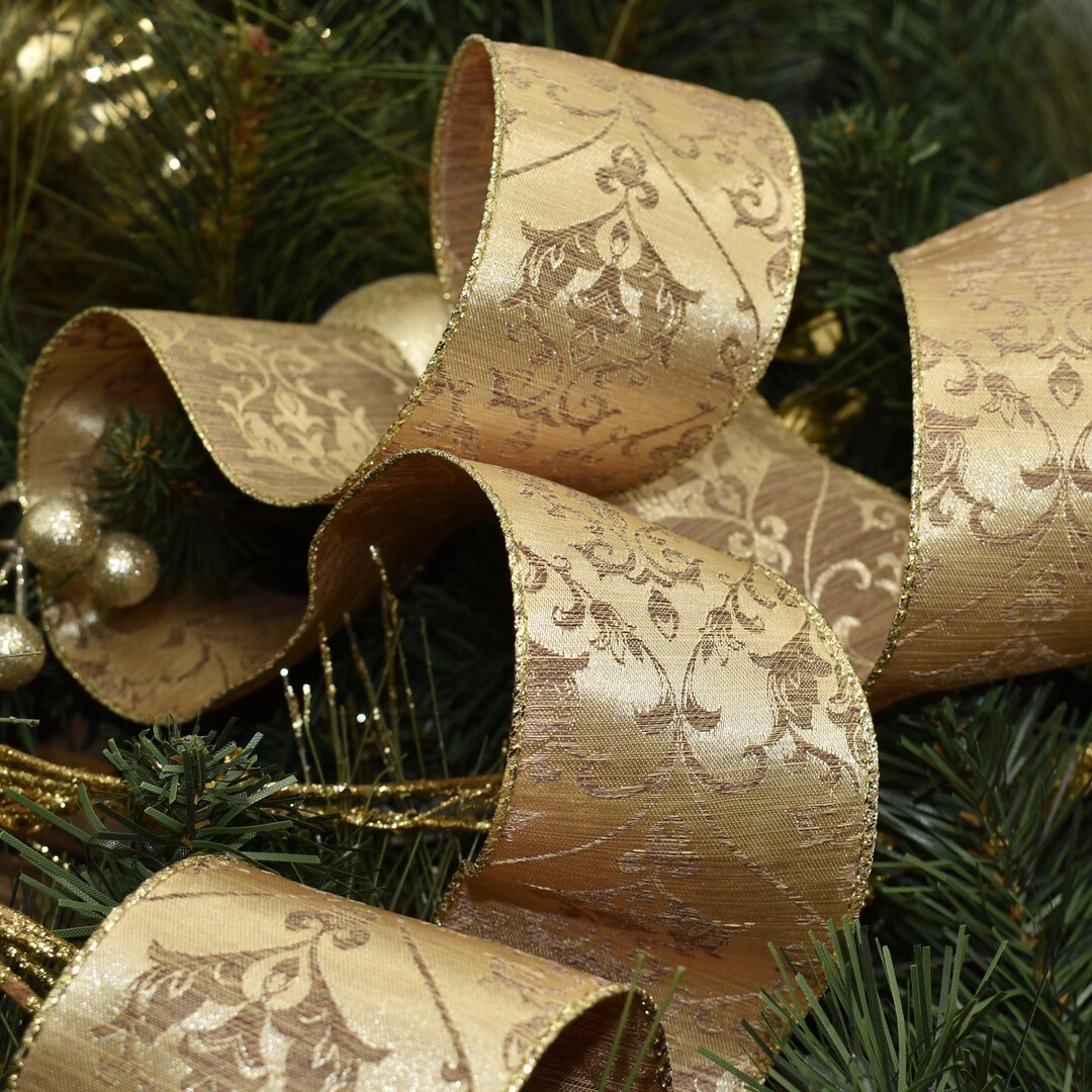 Gold Damask Wired Ribbon - 2.5