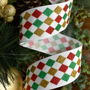 Christmas Red Green Gold Glitter Diamond Jester Harlequin Wired Ribbon - 1.5&quot;W x 10 Yards