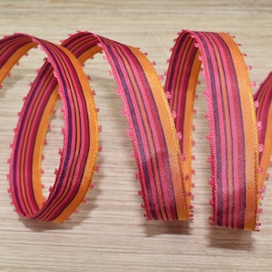 French Picot Wired Ribbon, 10ft x 13/16"W, Made in France, Vintage European Import, Fuchsia Pink Orange Purple Striped Picot Feather Looped