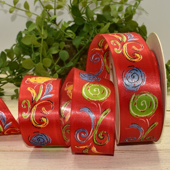 6 Feet Rare Whimsical Artistic Roses Colorful Red Satin Ribbon 