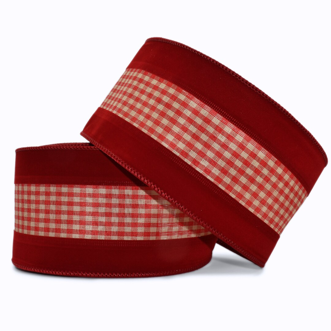 Bekky Ribbon 10 Yards Red Velvet Flocked Red Beige Becky Gingham Farmhouse Rustic ...