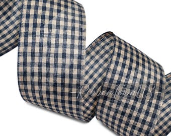 CLOSEOUT! 10yds Navy Blue Beige Gingham Check Farmhouse Plaid Wired Ribbon, 2.5" Wide