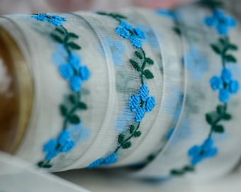 6ft Embroidered Blue Flowers Ribbon, 7/8"W, Dainty Daisies Trim Organza, hat trim, dress trim, flower vine trim
