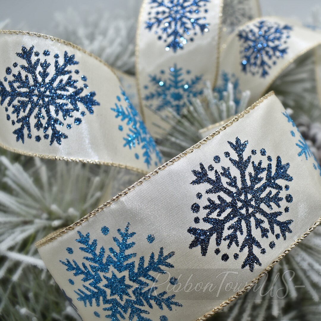 Winter Blue Glitter Snowflakes Christmas Ivory Wired Ribbon 2.5w X 25 ...