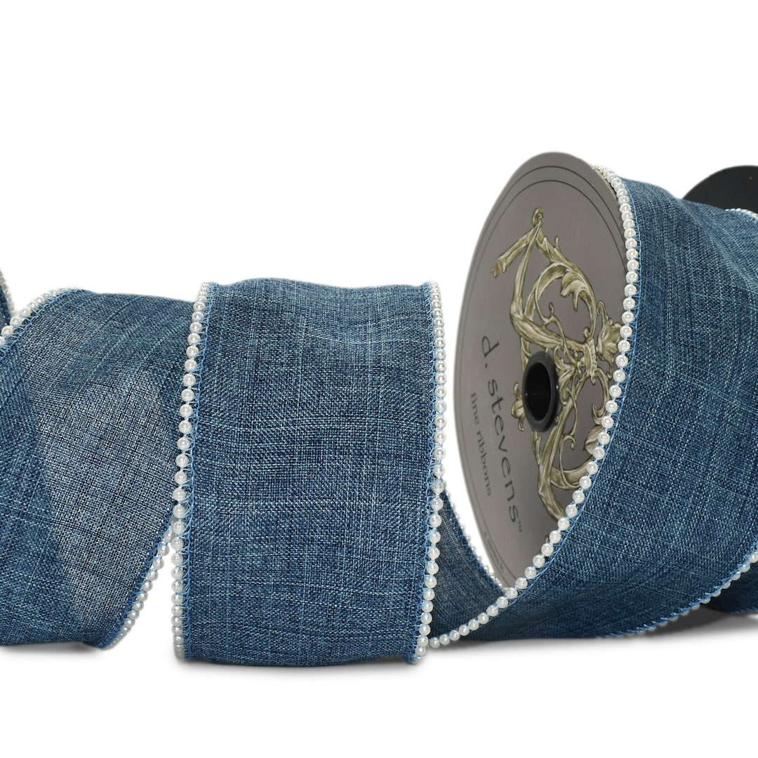 Blue Ribbbon Max 10 Yard Spool Denim Blue Jean Pearl Beaded Edge Wired Ribbon 2.5 Inches ...