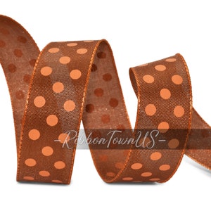 Fall Polka Dot Wired Ribbon, 7/8&quot; Wide x 10 Yard Spool, Autumn Brown Orange Thanksgiving Decoration