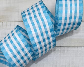 10yds Blue White Gingham Plaid Wired Ribbon, 1.5" Wide