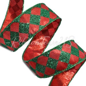 Christmas Red Green Glitter Harlequin Diamond Jester Metallic Wired Ribbon 1.5&quot;W x 10 Yards, FREE Shipping!