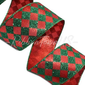 Christmas Red Green Glitter Harlequin Diamond Jester Metallic Wired Ribbon 2.5&quot;W x 10 Yards, FREE Shipping!