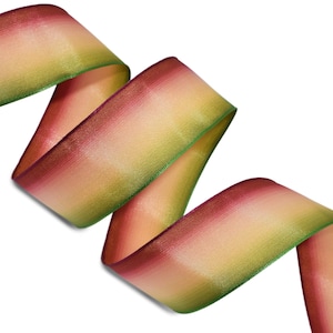 May include: A length of decorative ribbon with a gradient of colors. The ribbon transitions from a deep red to a pale yellow, with a green edge. The ribbon is curled and appears to be made of a shiny material.