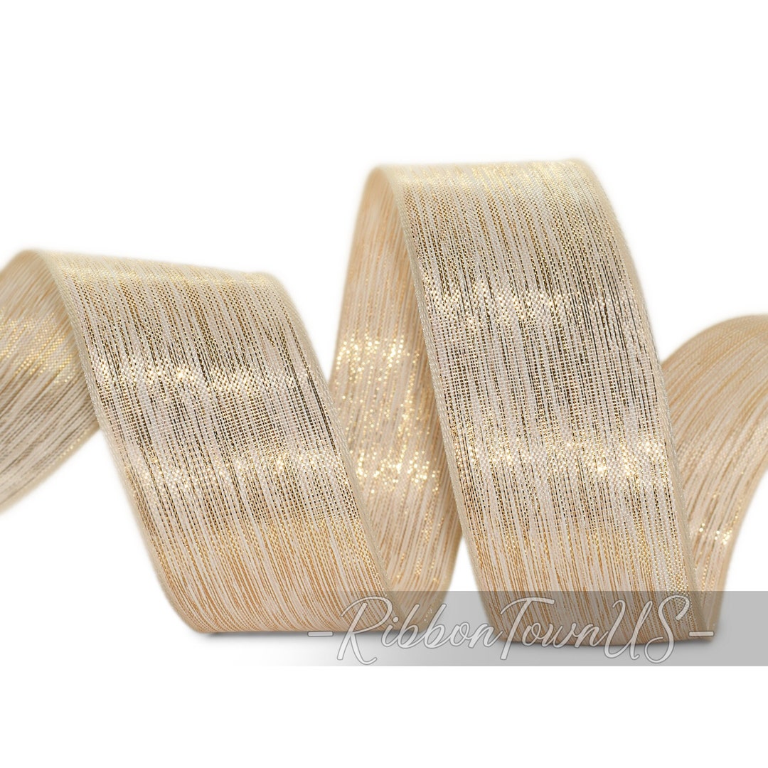Ivory White Ribbon Christmas Elegant Ivory and Gold Striated Wired Ribbon - 1.5