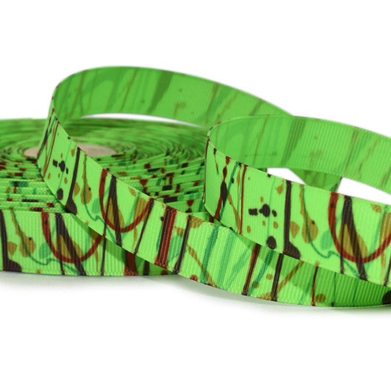Green Ribbed Ribbon 10yds Artistic Painter Paint Splatter Green Grosgrain Ribbon 5/8