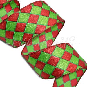 Christmas Red Grinch Green Glitter Harlequin Diamond Jester Ribbon 2.5&quot;W x 10Yds, FREE Shipping!