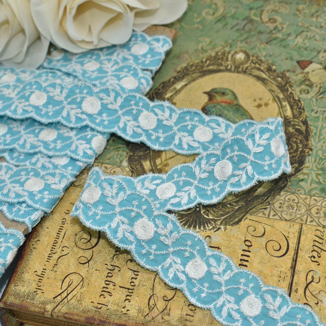 Rare Antique White Roses Blue Embroidered Trim - 3ftx1