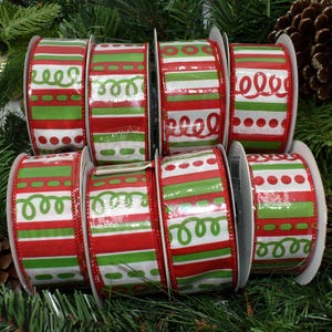 CLOSEOUT! 10yd Spool Christmas Red Green Whimsical Stripe Dot Wired Ribbon 1.5"W