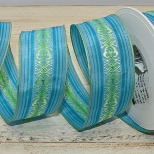 French Blue Striped Green Damask Woven Wired Ribbon, 9ft x 1.5"W, Made in France, Acetate, Vintage, Rare
