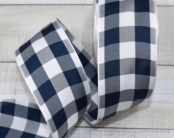 9yds Navy Blue White Plaid Gingham Checked Taffeta Ribbon, 1.5" Wide
