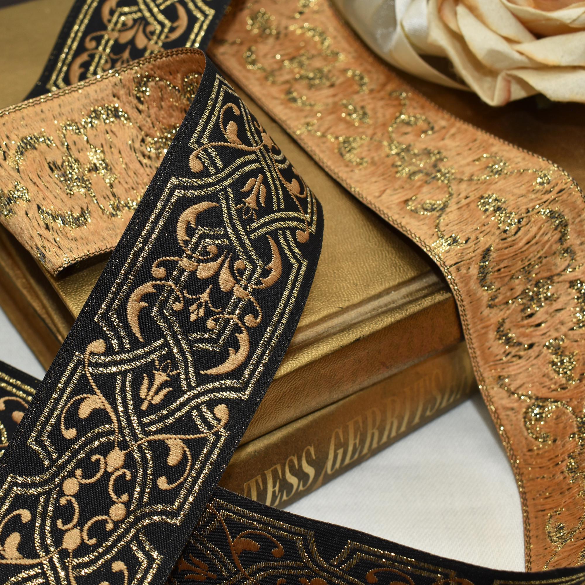 Vintage Jacquard Ribbon - 3ft X 1.5”W - Black Gold Metallic Baroque ...