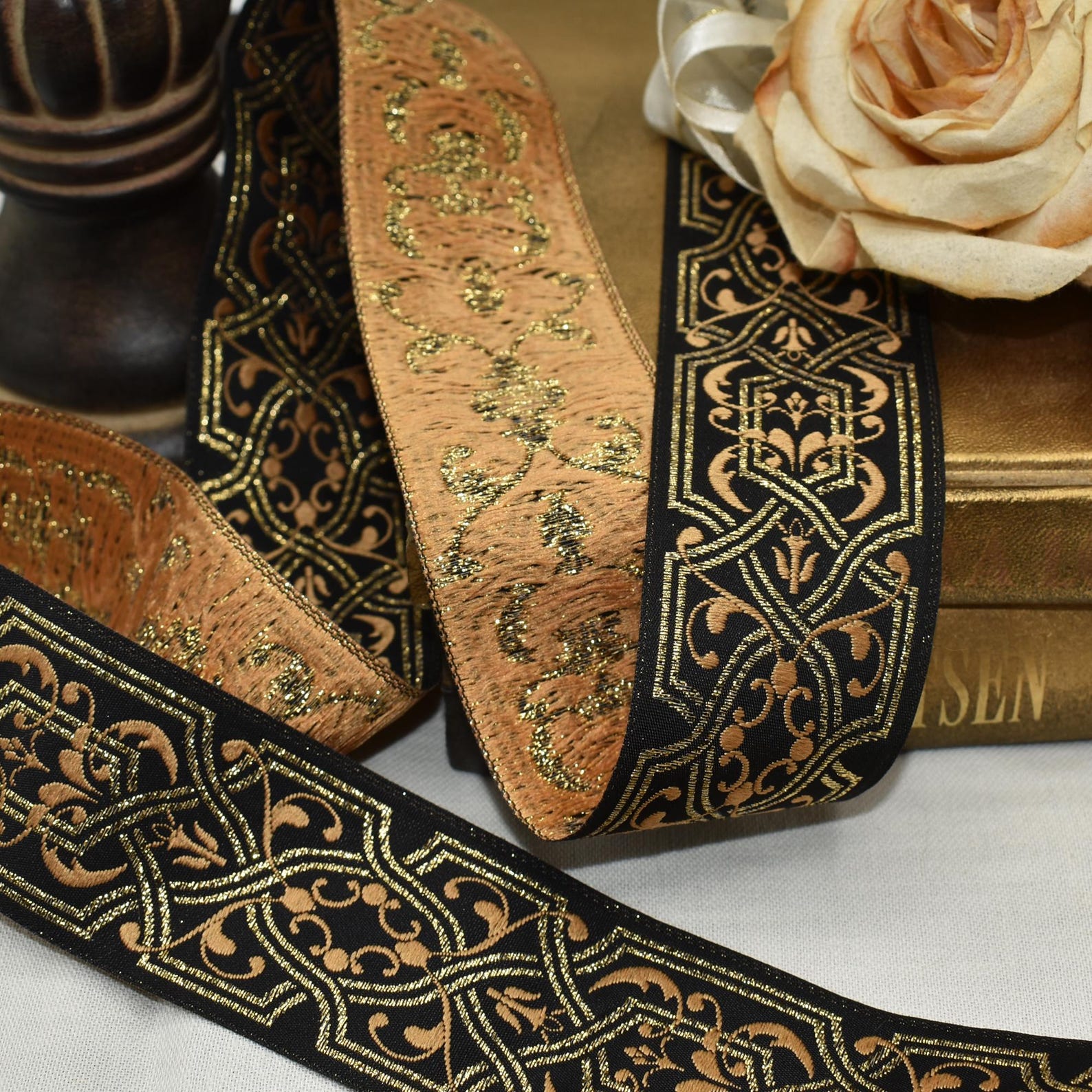 Vintage Jacquard Ribbon - 3ft X 1.5”W - Black Gold Metallic Baroque ...