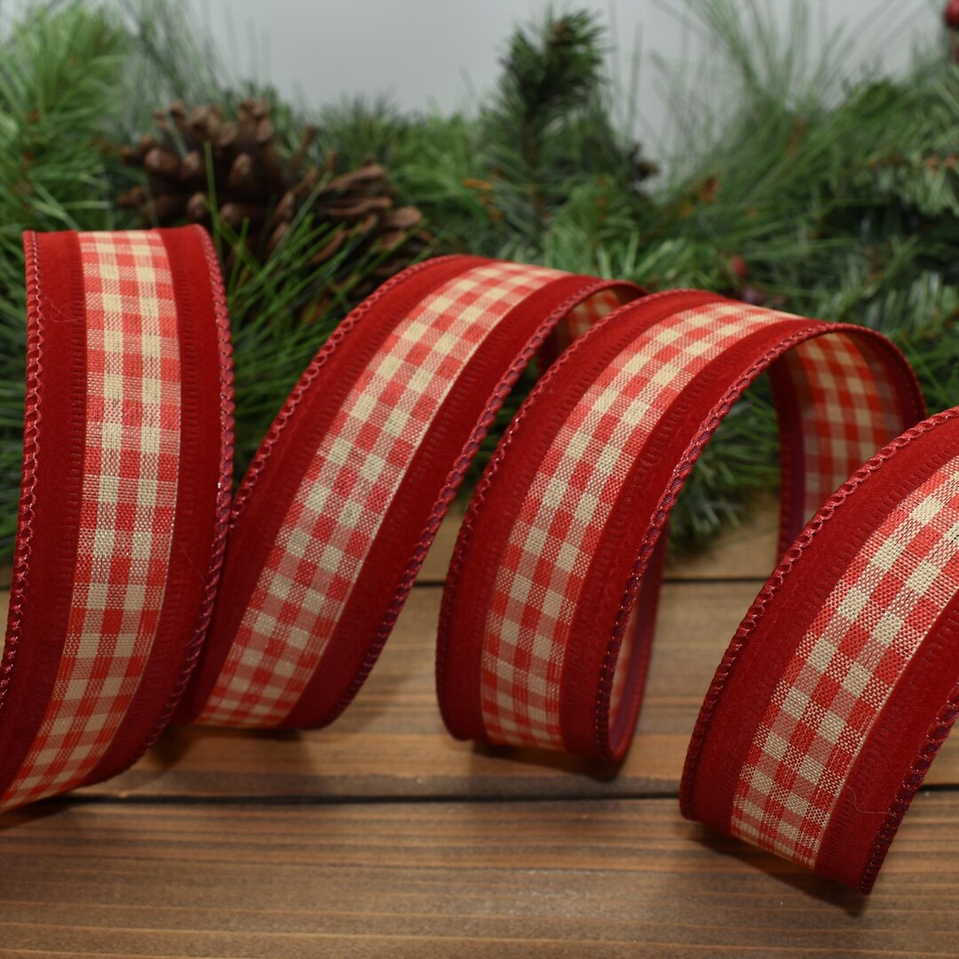 Bekky Ribbon 10yds Red Velvet Flocked Red Beige Becky Gingham Christmas Wired Ribbon ...
