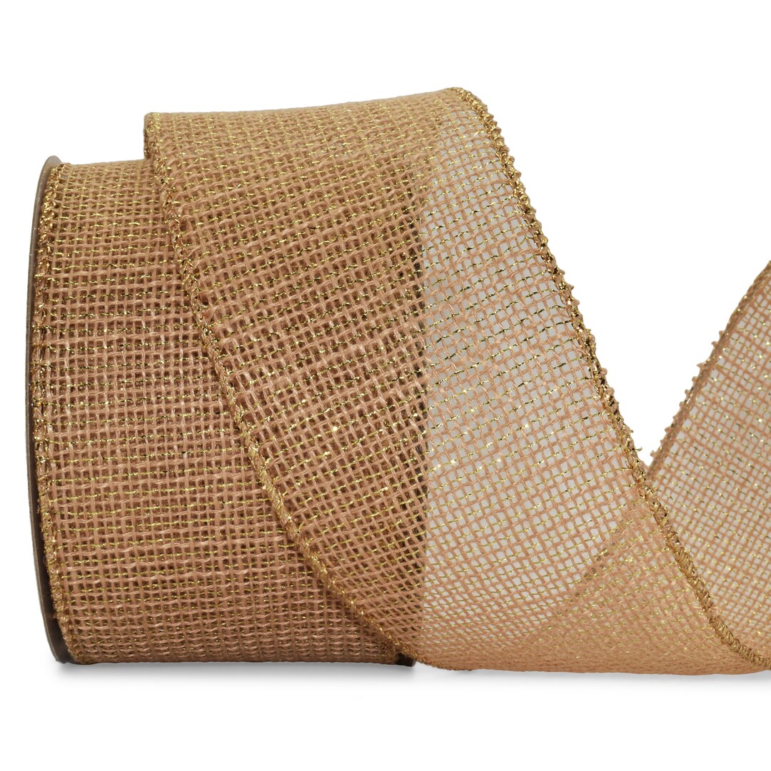Threaded Ribbon 1 Seam 25 Foot Spool Jute Gold Threaded Brown Wired Ribbon - 2.5 Inches ...
