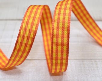 25yds Orange Yellow Gingham Narrow Ribbon, 3/8" Wide