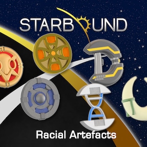 May include: A collection of six Starbound racial artifacts. The artifacts are circular and feature different designs, including a bird, a flower, a robot, a DNA strand, and a crescent moon. The artifacts are against a black background with a yellow and white curved line.