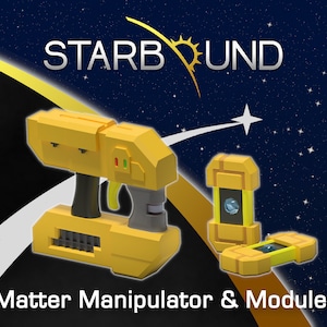 May include: A yellow Matter Manipulator tool with a black handle and a blue light. Two yellow modules are also shown. The text "STARBOUND" is in the background.