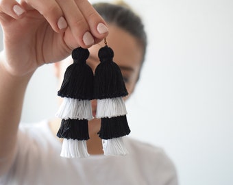 Black & White Tassel Earrings Black and White Tassel Earrings Four Tiered Tassel Earrings Fringe Earrings Pink Tassel Earrings Bohemian