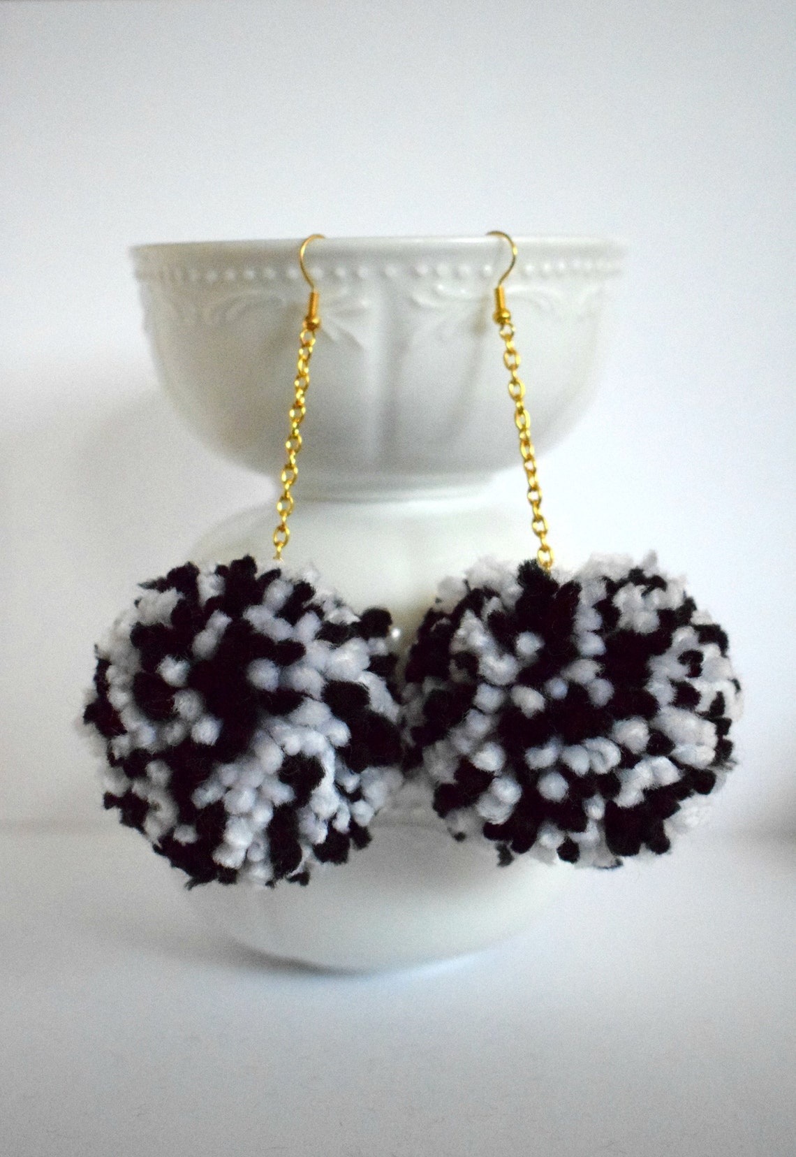 Pom Pom Earrings Large Pom Pom Earring Black and White Pompoms Earrings