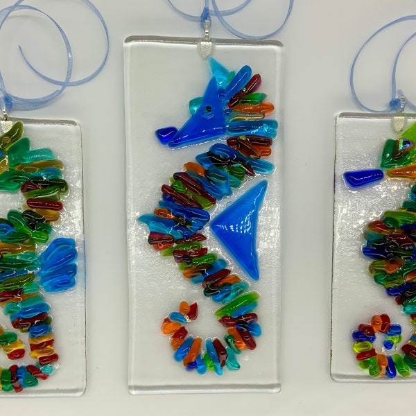 Fused glass sea horse, Mothers Day Gift, Easter gift, , sun catcher Orkney Glass Hut,, bathroom, window, garden, nautical.