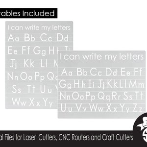 May include: Two printable alphabet charts with the text "I can write my letters" at the top. The charts feature the alphabet in uppercase and lowercase letters.