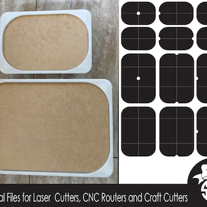 Puede incluir: Dos bandejas rectangulares con esquinas redondeadas, una grande y otra pequeña, con interior marrón claro y bordes blancos. A la derecha, formas negras con varios diseños recortados. El texto dice "Digital Files for Laser Cutters, CNC Routers and Craft Cutters".