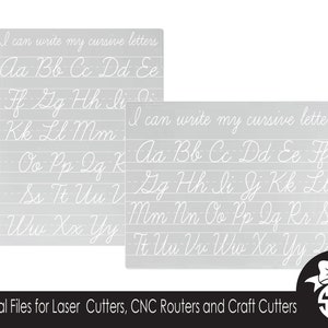 May include: Two printable sheets with cursive alphabet practice lines. The sheets feature the text "I can write my cursive letters" and the lowercase alphabet in cursive.