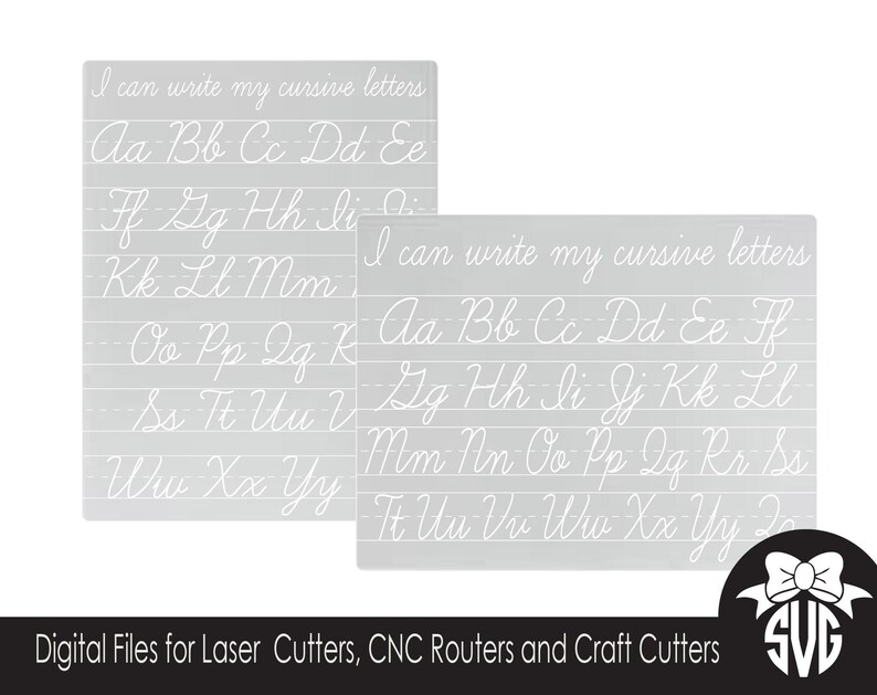 May include: Two printable sheets with cursive alphabet practice lines. The sheets feature the text "I can write my cursive letters" and the lowercase alphabet in cursive.