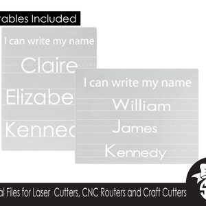 May include: Two printable sheets for practising writing names. The sheets are grey with white text and lines. The text on the sheets reads "I can write my name" and includes the names Claire, Elizabe, Kenned, William, James, and Kennedy.