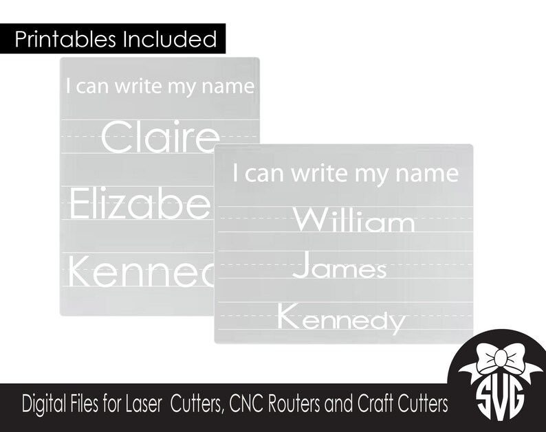 May include: Two printable sheets for practising writing names. The sheets are grey with white text and lines. The text on the sheets reads "I can write my name" and includes the names Claire, Elizabe, Kenned, William, James, and Kennedy.