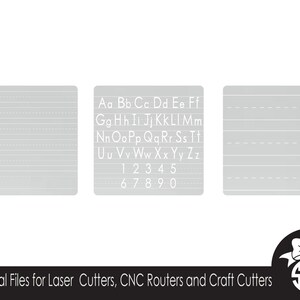 May include: Three grey printable sheets with white lines for tracing letters and numbers. The middle sheet has the alphabet and numbers 1-9 printed on it. The text at the bottom of the image reads "Digital Files for Laser Cutters, CNC Routers and Craft Cutters".