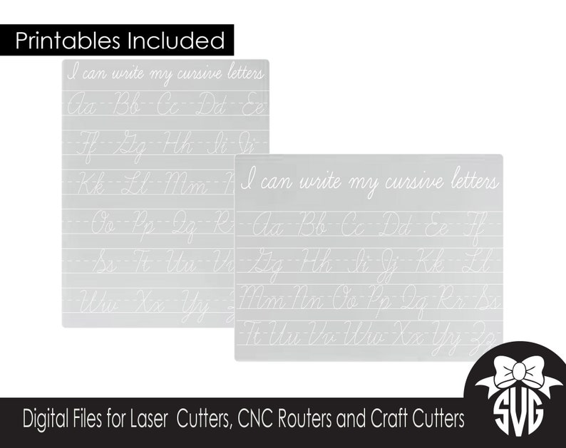 May include: Two printable worksheets for practising cursive handwriting. Each sheet features the alphabet in cursive, with the text "I can write my cursive letters" at the top.