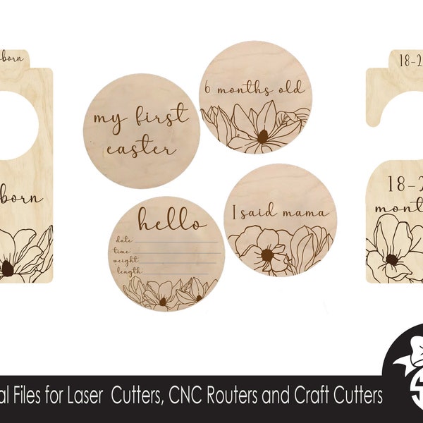 Magnolia Floral Baby Milestone Marker and Closet Divider Bundle |  Digital Cut File | Glowforge | SVG File | Laser Cutting | 38